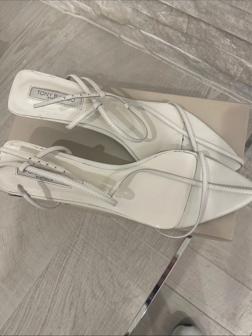 Tony Biiano White Strappy Slingback Kitten Heel Sandals